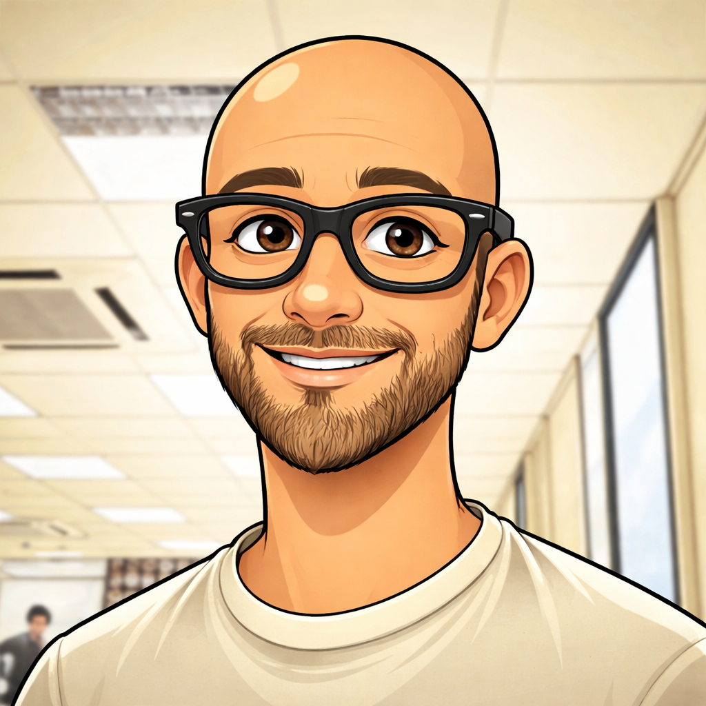 Portrait illustration of a smiling person with glasses and a beard, wearing a cream t-shirt, against a softly blurred office background